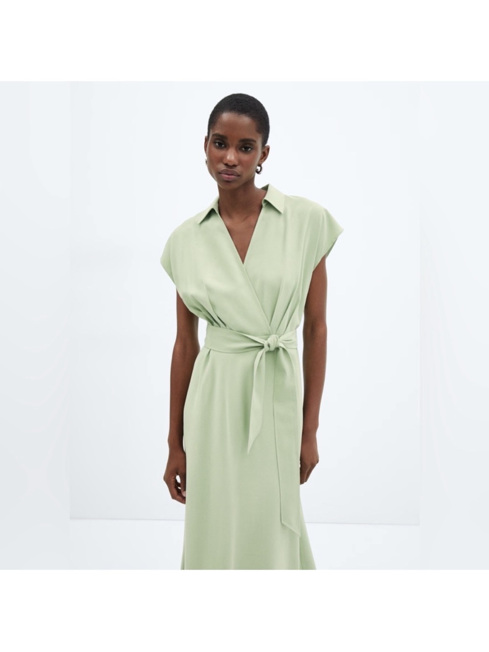 MNG Mango Faux Wrap Midi Dress Green Apple Womens Size 10 Wedding Collar Belt